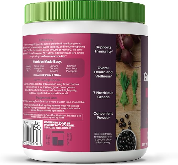 Amazing Grass Greens Superfood for Immune Support: Greens Powder with Organic Spirulina, Chlorella, Beet Root Powder, Digestive Enzymes & Probiotics, Elderberry, 30 Servings