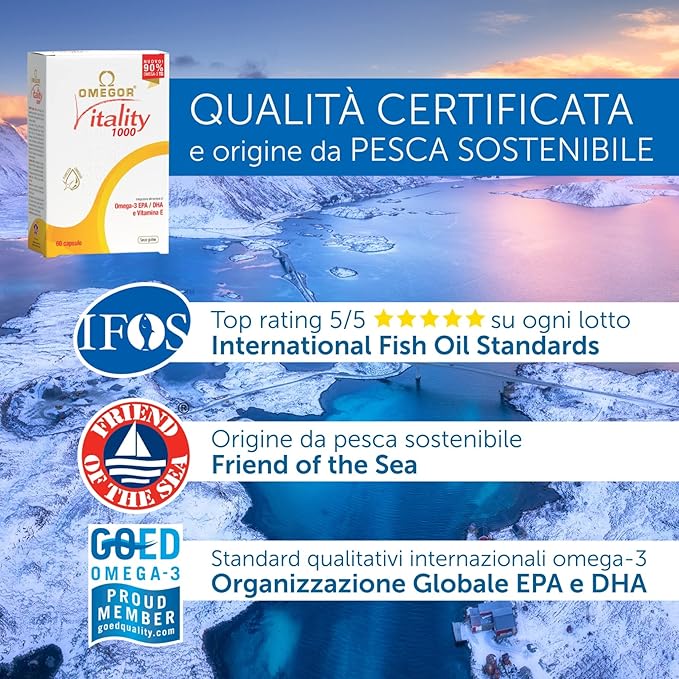 OMEGOR® Vitality 1000 with 90% Omega-3 5-Star Certified 2006. EPA 535mg and 268mg per 2 Capsules. 90% Triglyceride 60 Capsules