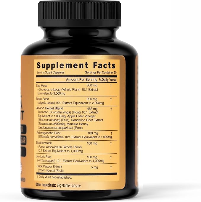 Sea Moss 3000mg Black Seed Oil 2000mg Ashwagandha 1000mg Turmeric 1000mg Bladderwrack 1000mg Burdock 1000mg Manuka 120 Capsules 60 days
