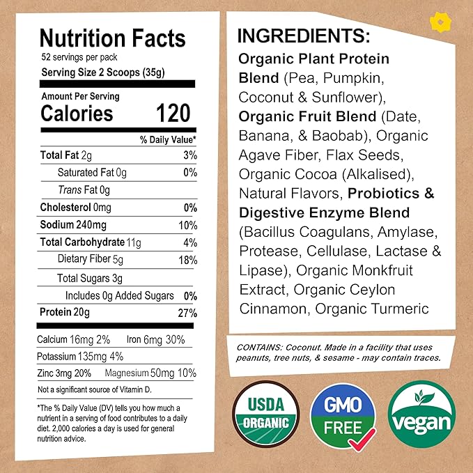 EarthChimp Organic Vegan Protein Powder - with Probiotics - Non GMO, Dairy Free, Non Whey, Plant Based Protein Powder for Women and Men, Gluten Free - 52 Servings 64 Oz (Vanilla) No Scoop