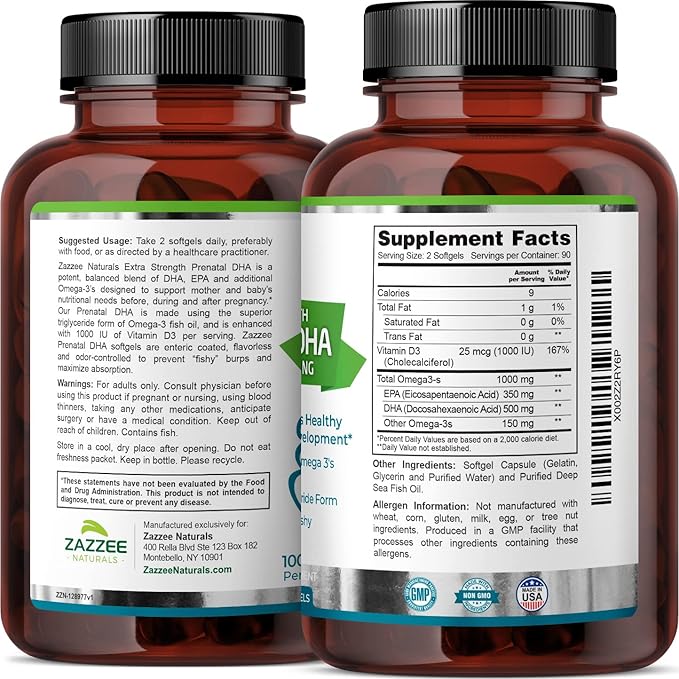 Zazzee Extra Strength Prenatal DHA 500 180 Enteric 1000 mg 3’s, 1000 1000 UI D3, Burp