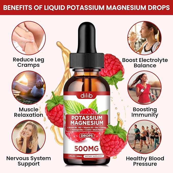Potassium Magnesium Citrate Supplement, Liquid Magnesium Citrate Drops 500mg with Ashwagandha, Calcium, Zinc, Vitamin D3, B6, B12, CoQ10 - Vegan 2 fl oz Raspberry Flavor