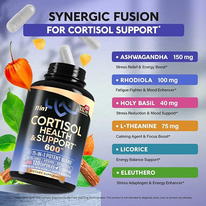 Cortisol Supplement for Women - Natural Based Hormone Balance - Ashwagandha | Rhodiola | Holy Basil | L-Theanine - Mood, Focus & Sleep Support - Made in USA - Vegan, Non-GMO - 120 Capsules for 4 Month