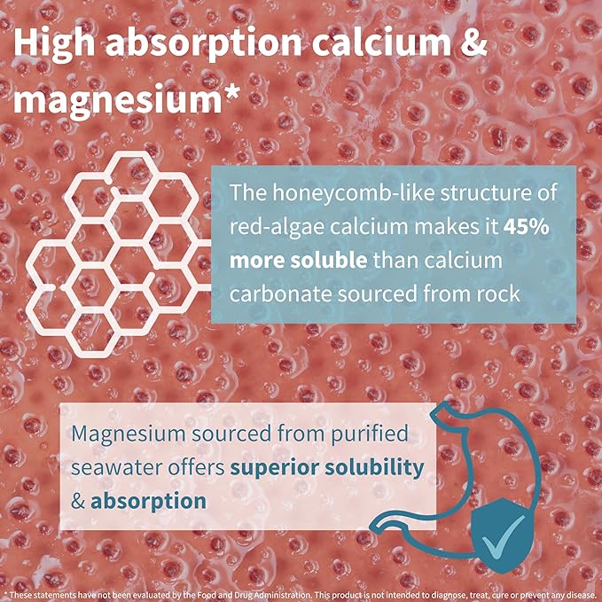 High Absorption Algae Calcium & Magnesium K2 & D3, Non-GMO 60 Tablets,