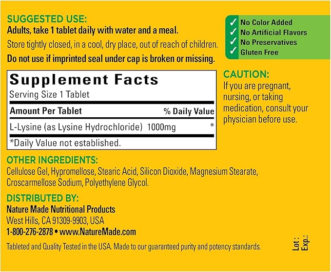 Nature Made Extra Strength L-Lysine 1000 60 Count