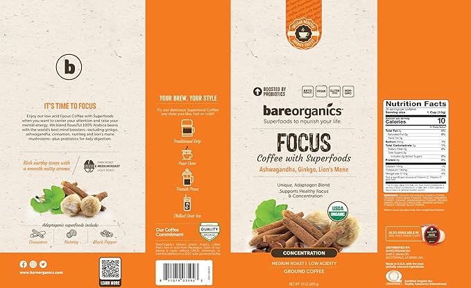 BareOrganics Artisan Ground FOCUS Bagged Coffee with Superfoods, Medium Roast, Non-GMO & Gluten-free, Ginkgo, Ashwagandha & Lion’s Mane Mushrooms, 10 oz