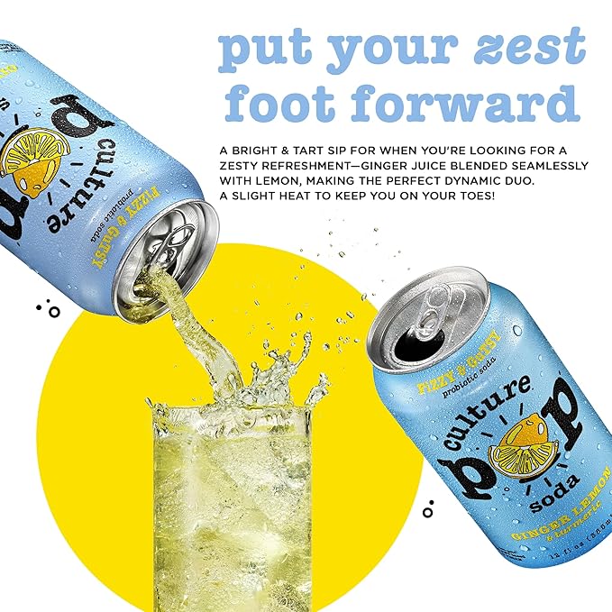 Culture Pop Soda, Ginger Lemon & Turmeric, Probiotic Low Sugar Soda, Sparkling Juice Alternative, Non-GMO, Kosher, Gluten-Free, No Stevia (12pk)