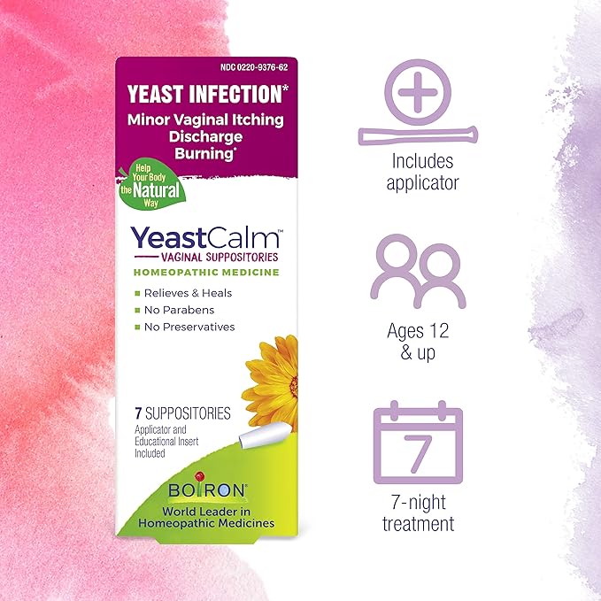 Boiron YeastCalm Homeopathic Suppositories for Yeast Infections, Burning, Discharge, and Minor Vaginal Itching - 7 Count