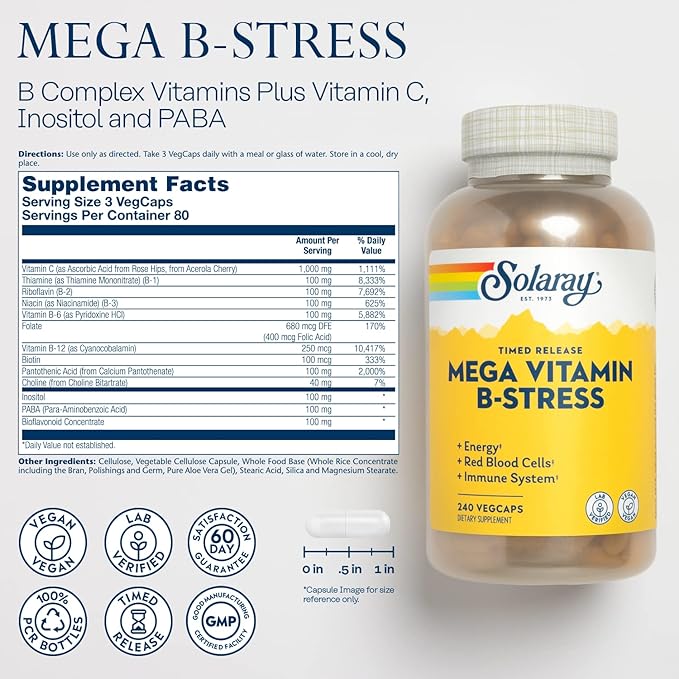 SOLARAY Mega Vitamin B-Stress B12, B6, B6, Folic 60-Day Guarantee (240 CT)