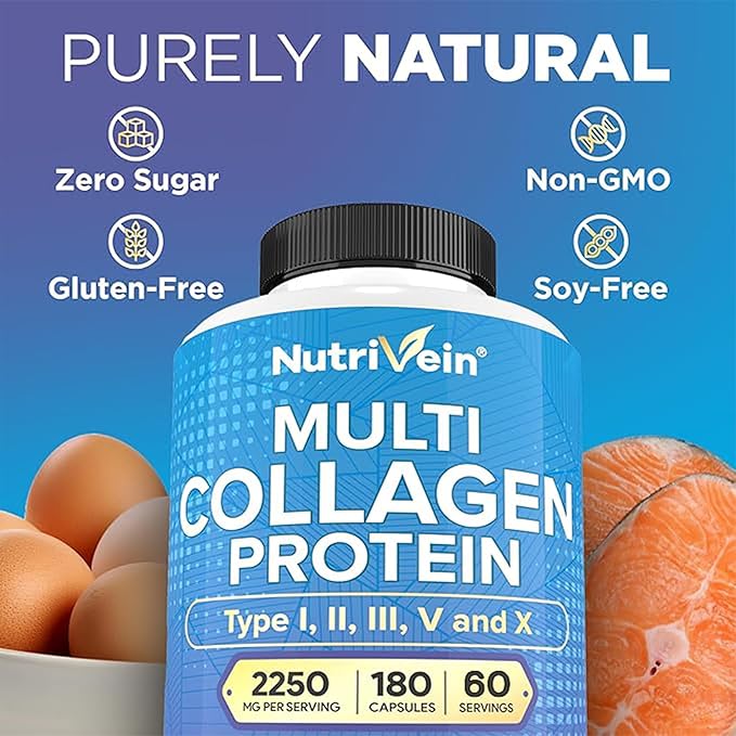 Nutrivein Multi Collagen Pills 2250mg - 180 Collagen Capsules - Type I, II, III, V, X, Anti-Aging, Healthy Joints, Hair, Skin, Bones, Nails, Hydrolyzed Protein Peptides for Woman and Men