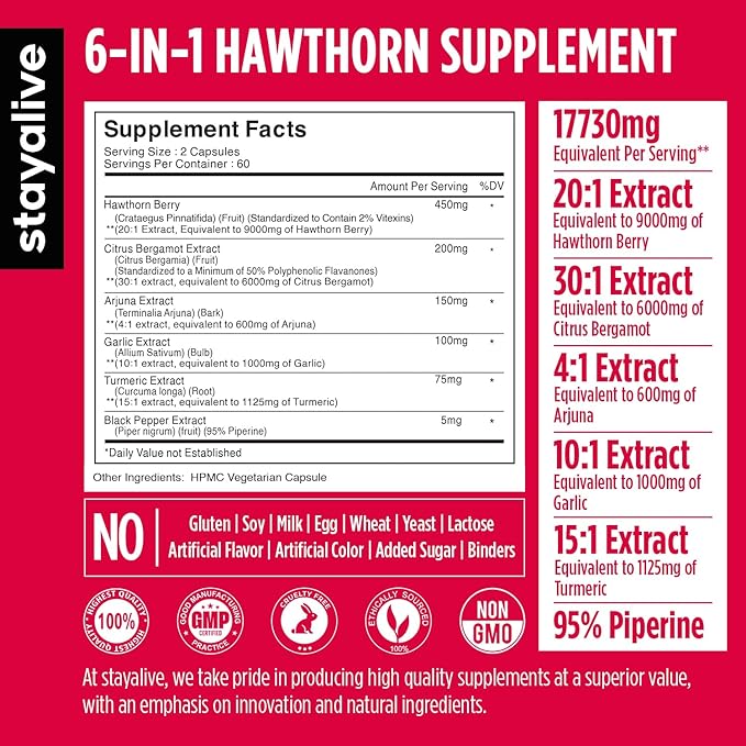STAY ALIVE Hawthorn Berry Capsules 9000mg, 6000mg, Garlic 1000mg, Turmeric 1125mg, Arjuna 600mg & 120 Vegan
