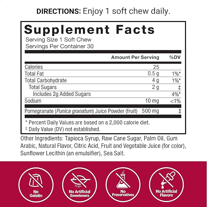 Force Factor Pomegranate Soft Chews for Healthy Aging, Heart Health, Bone Health, & Brain Health, Superfood & Antioxidants Supplement, Non-GMO, Gluten-Free, Vegan, Pomegranate Flavor, 30 Soft Chews
