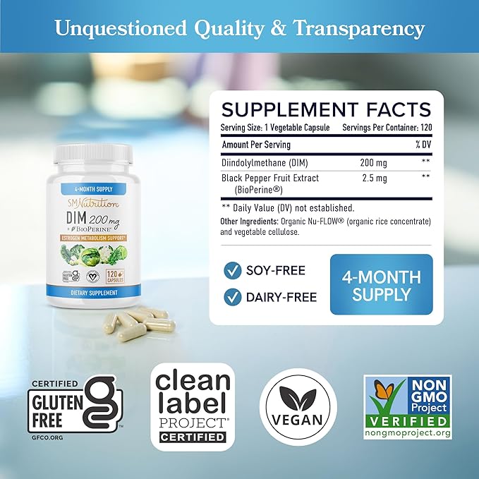 DIM Supplement 200 mg (120 Ct) | Estrogen Balance for Women & Men | Hormone Balance, Hormonal Acne Supplements, Menopause, Antioxidant & PMS Support | Non-GMO, Vegan, Soy Free | 4 Month Supply