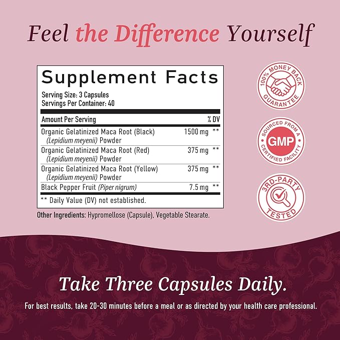 Organic Maca Root Capsules for Women | Peruvian Maca 2250MG Extra Strength | Red, Black & Yellow Root Powder with Black Pepper | Herbal Supplement to Support Energy & Hormone Balance | 120 Ct
