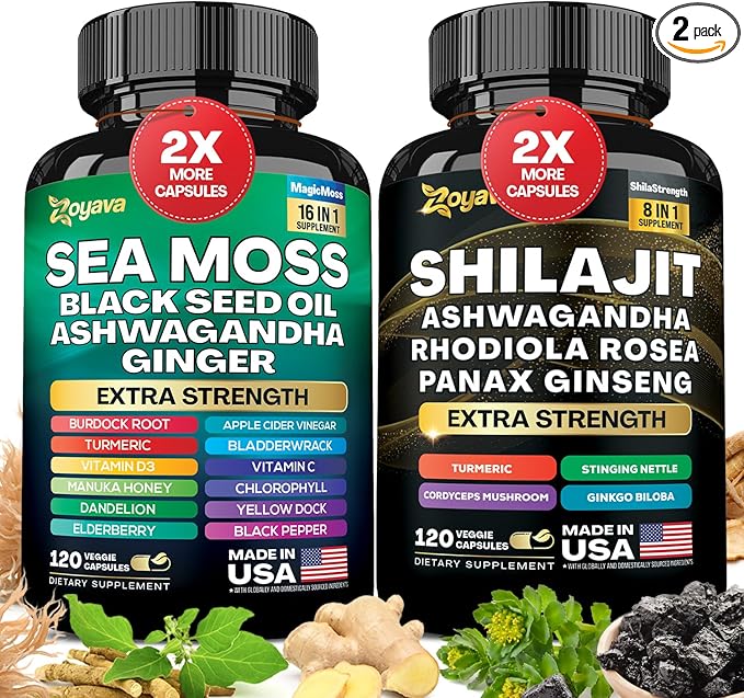 Zoyava Dynamic Vitality Bundle, Sea Moss 7000mg, Black 4000mg, Ashwagandha 2000mg, Ginger 9000mg, Rhodiola 1000mg, Panax (2 Pack)