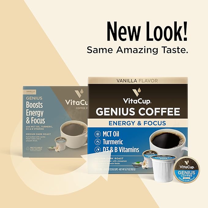 Genius Vanilla Keto Coffee Pods by VitaCup w/MCT Oil, Turmeric, B Vitamins, & D3 for Energy & Focus in Recyclable Single Serve Pod Compatible with K-Cup Brewers Including Keurig 2.0, 64 CT