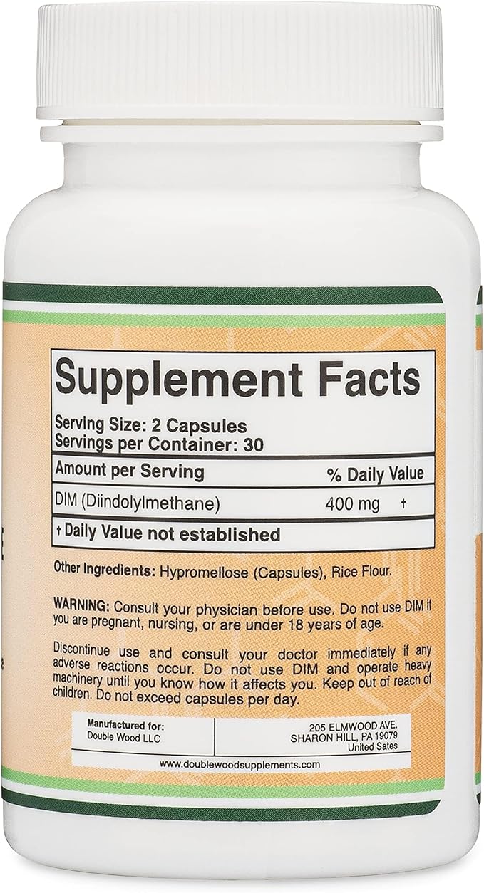 DIM Supplement for Women and Men (Diindolylmethane Estrogen Blocking Supplement, Hormonal Acne Treatment, Hormone Balance for Women) 400mg Servings, 200mg Per Capsule, 60 Capsules by Double Wood