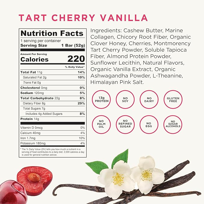 Wellcome Tart Cherry Vanilla Marine Collagen Protein Bar with Ashwagandha and L-Theanine - Adaptogenic Snack Bar - Dairy Free Health Bar for Functional Active Lifestyle (Pack of 12)