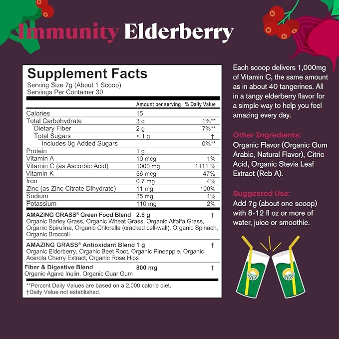 Amazing Grass Greens Superfood for Immune Support: Greens Powder with Organic Spirulina, Chlorella, Beet Root Powder, Digestive Enzymes & Probiotics, Elderberry, 30 Servings