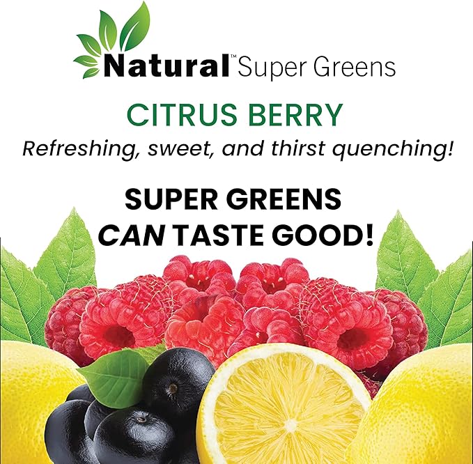 Natural Super Greens Powder Organic Supplements| Great Tasting Fruits and Vegetables Juice & Smoothie Mix| Probiotics & Digestive Enzymes| Green Superfood Spirulina & Chlorella (Citrus Berry)