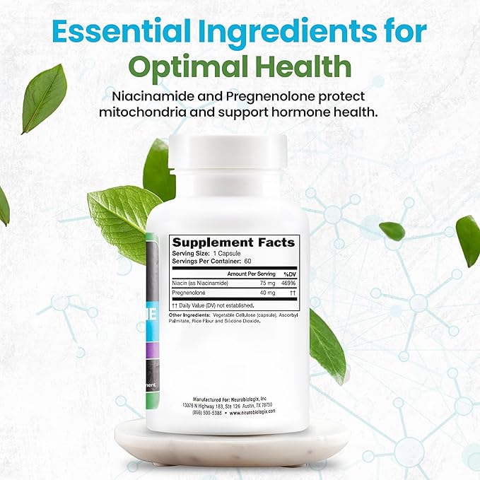 Pregnenolone Plus - Optimal Pregnenolone Supplement for Women to Support Energy, Mood & Mental Clarity - Promotes Mitochondrial Function & Hormone Balance with Niacinamide – 60 Vegetable Capsules