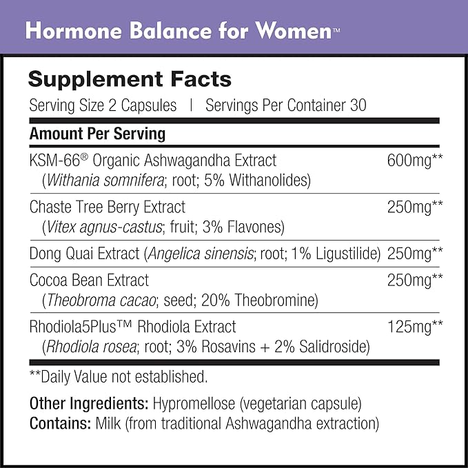 Hormone Balance - Women's Serotonin Supplement - KSM-66 Ashwagandha, Dong Quai, Chaste Tree Berry, Rhodiola, & Cocoa Bean Extracts - for Female Hormones, PMS, Menopause (60 Capsules)