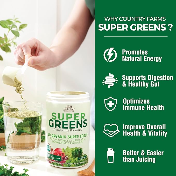 COUNTRY FARMS Super Greens Power Pack, 50 Organic Super Foods, Greens Powder with Probiotics for Gut Health & Bloating Relief, Supports Energy, Unflavored & Berry, 40 Serving