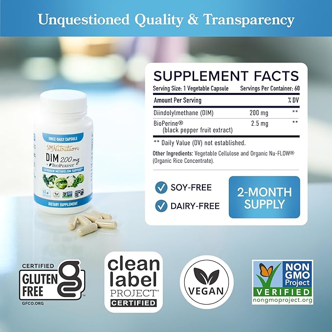 DIM Supplement 200 mg | Estrogen Balance for Women & Men | Hormonal Acne, Hormone Balance, Menopause & Antioxidant Support | Clean Label Project Certified, Vegan & Soy Free Diindolylmethane | 60 Ct.