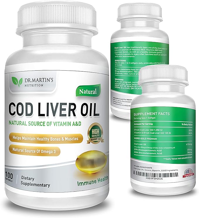 Burpless COD Liver Oil | 100 Softgels | Natural Source of Omega 3 Fatty Acids EPA & DHA | Vitamin A & D | Support Brain, Heart, Eye & Immune Health For Joints, Bones & Muscles Supplement No AfterTaste
