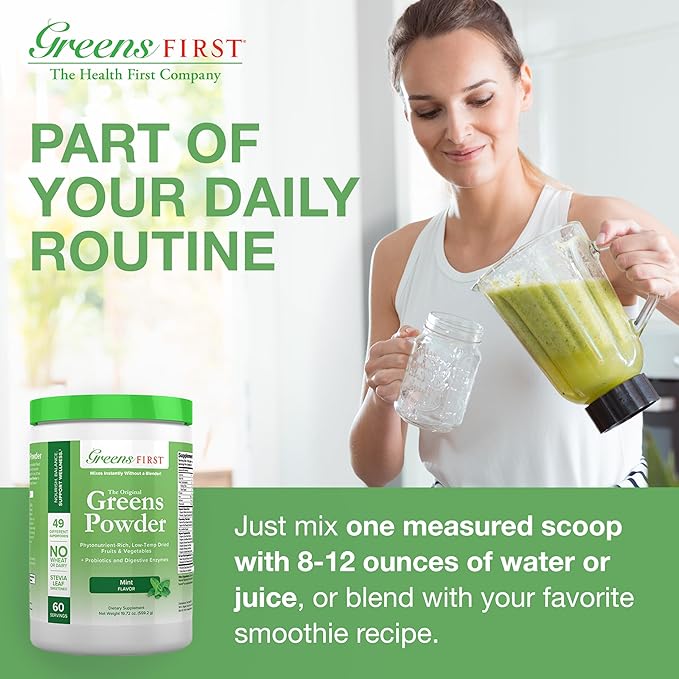 Greens First Original Greens Powder - 49 Superfoods - Organic Fruits & Veggies - Prebiotics, Probiotics & Digestive Enzymes - Antioxidant Smoothie - Dairy Free, Vegan & Non-GMO (Mint, 60 Servings)