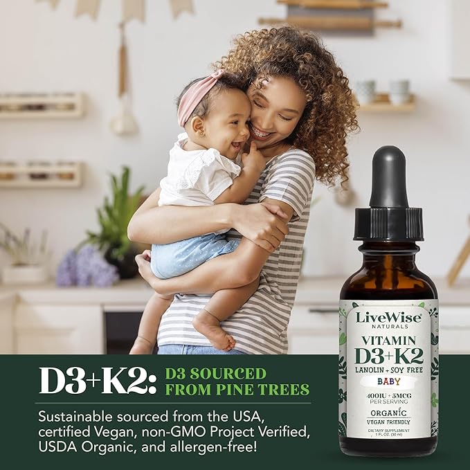 Vitamin D3 and Vitamin K2 Liquid Drops – Baby Vitamin D Drops for Infants w/ Vitamin K for Optimal Absorption – Vitamin D3 K2 Supplement w/ Organic MCT Oil Supports Healthy Bones, Brain, Immune System
