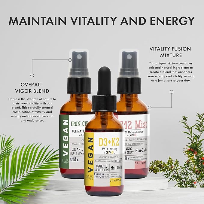 Energy & Vitality Bundle Liquid Vitamin B12 Methylcobalamin, D3 (Lichen) K2 (MK4 (MK4 & MK7), Non-GMO, 2 Fl (60 ml) 540 Days