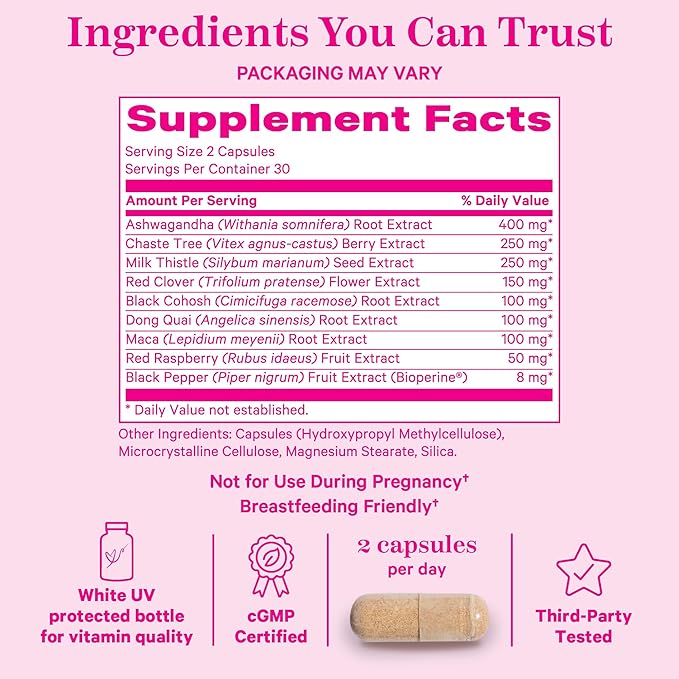 Pink Stork Menopause Supplements for Women - 9 Clinically-Studied Herbs for Perimenopause, Hot Flashes, and Hormone Balance - Ashwagandha, Vitex, Maca Root, Black Cohosh - 60 Capsules