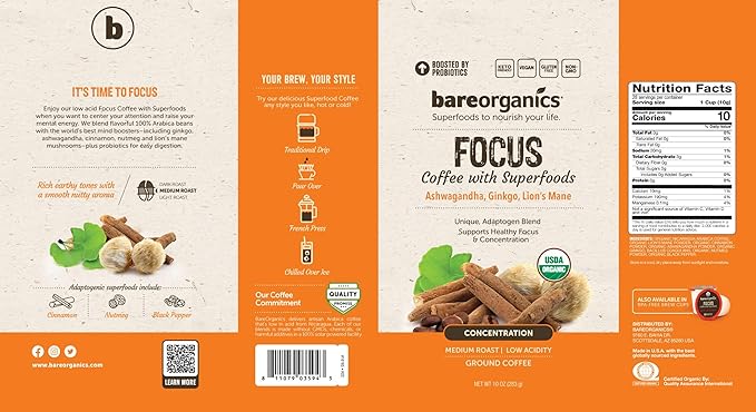 BareOrganics Artisan Ground FOCUS Bagged Coffee with Superfoods, Medium Roast, Non-GMO & Gluten-free, Ginkgo, Ashwagandha & Lion’s Mane Mushrooms, 10 oz