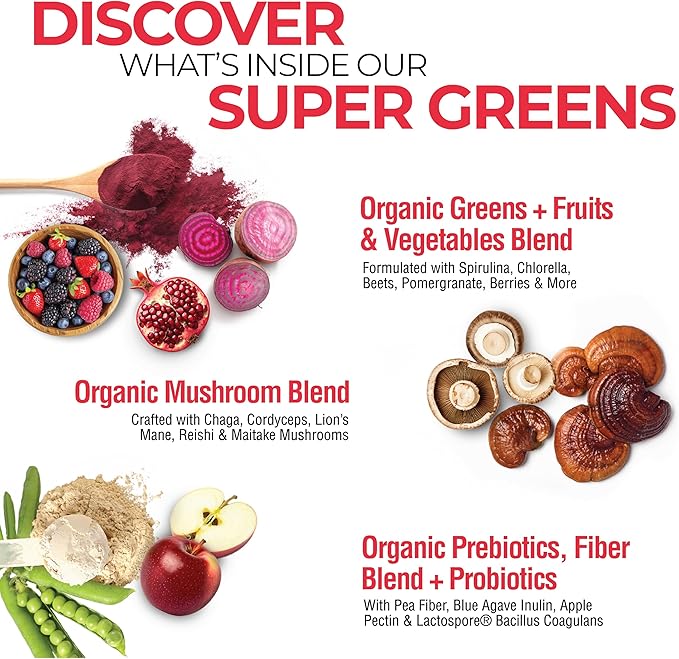 COUNTRY FARMS Super Greens Power Pack, 50 Organic Super Foods, Greens Powder with Probiotics for Gut Health & Bloating Relief, Supports Energy, Unflavored & Berry, 40 Serving