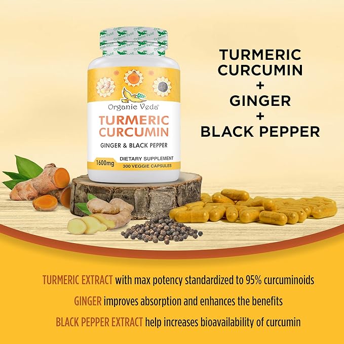 Organic Veda Turmeric and Ginger Capsules 300 Pills (95% curcuminoids)