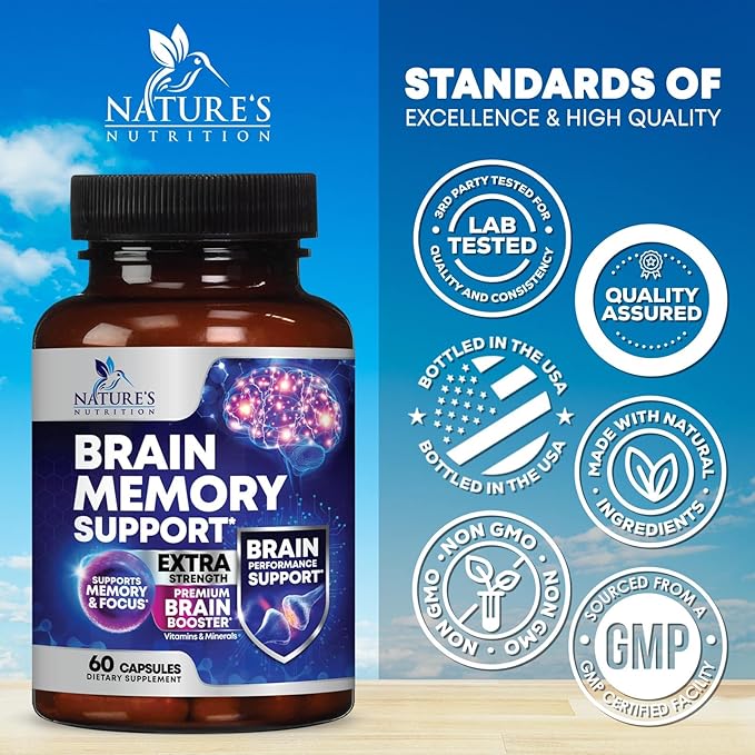 Brain Supplements for Memory and Focus - 40 Nootropics & Vitamins to Support for Alertness, Clarity & Concentration, Brain Health, B6, B12, Phosphatidylserine - 60 Capsules