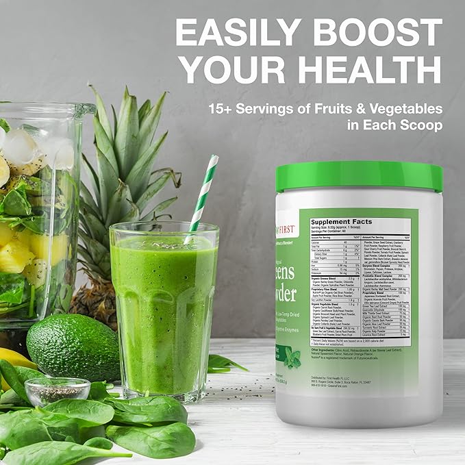 Greens First Original Greens Powder - 49 Superfoods - Organic Fruits & Veggies - Prebiotics, Probiotics & Digestive Enzymes - Antioxidant Smoothie - Dairy Free, Vegan & Non-GMO (Mint, 60 Servings)