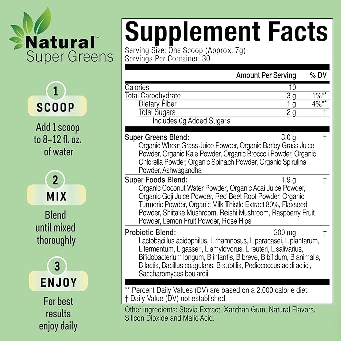Natural Super Greens Powder Organic Supplements| Great Tasting Fruits and Vegetables Juice & Smoothie Mix| Probiotics & Digestive Enzymes| Green Superfood Spirulina & Chlorella (Citrus Berry)