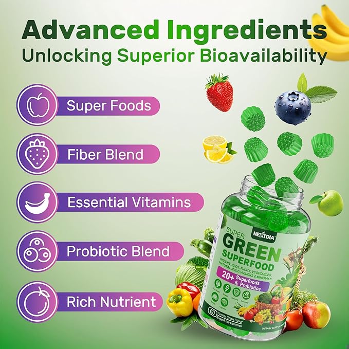 Super Greens Gummies, Greens Superfood Powder Alternative w/Spirulina, Chlorella, Prebiotic Fiber, Probiotic, Fruit Veggie, Daily Greens Vegetable for Digestive & Gut Health, Immunity, Focus, 120 Cts