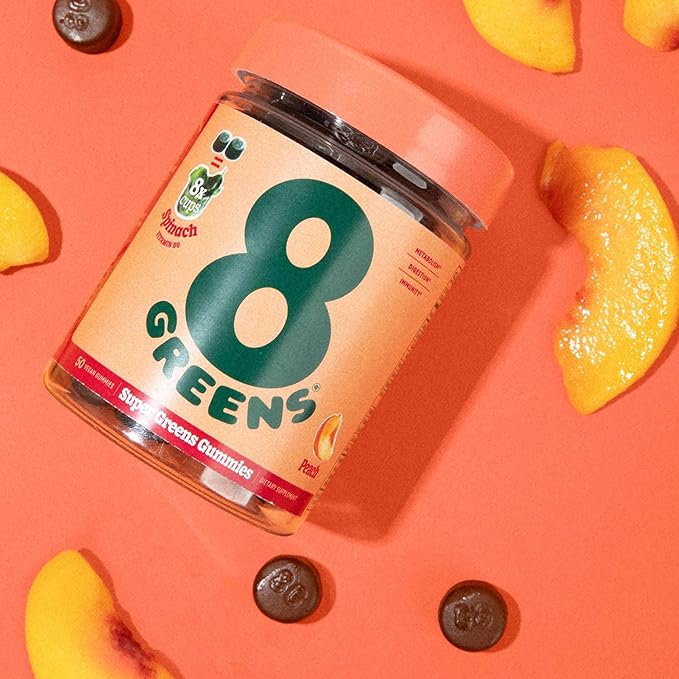 8Greens Supergreens Gummies | Super Greens Powder Superfood Gummy for Metabolism, Immunity & Focus, Digestive Health Enzymes, Organic: Chlorella, Spirulina, Aloe Vera, Peach Flavor, 200 Count