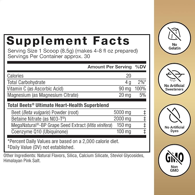 Force Factor Total Beets Ultimate Heart Health Blood Pressure Support with CoQ10, Beet Root Powder, Grape Seed Extract, Blood Pressure Supplement for Circulation, Black Cherry, 30 Servings