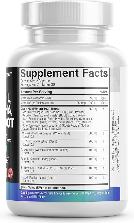 Sea Moss 3000mg Black Seed Oil 2000mg Ashwagandha 1000mg Turmeric 1000mg Bladderwrack 1000mg Burdock 1000mg & D3 with