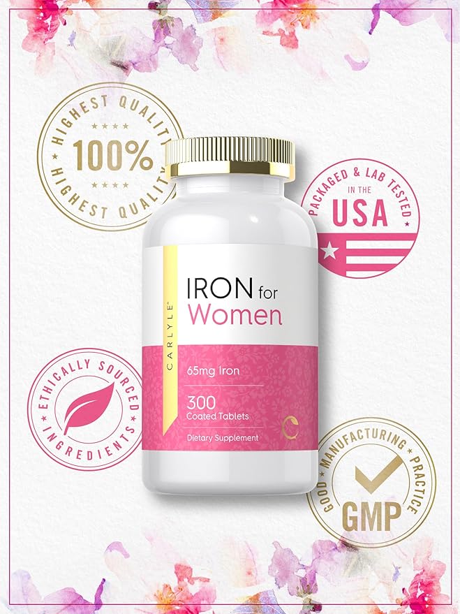 Carlyle Iron for Women 65mg | 300 Coated Tablets | Vegetarian, Non-GMO & Gluten Free Supplement