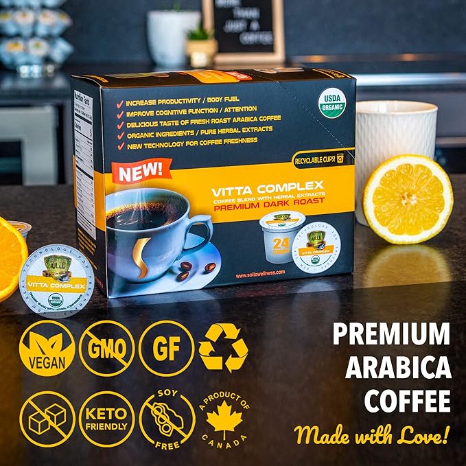 Sollo VITTA Dark Roast, Organic Coffee Pods - Enhanced with Vitamins B & D3 for Immunity Support, USDA Certified, Compatible with Keurig 2.0 K-Cup Brewers, 24 Ct