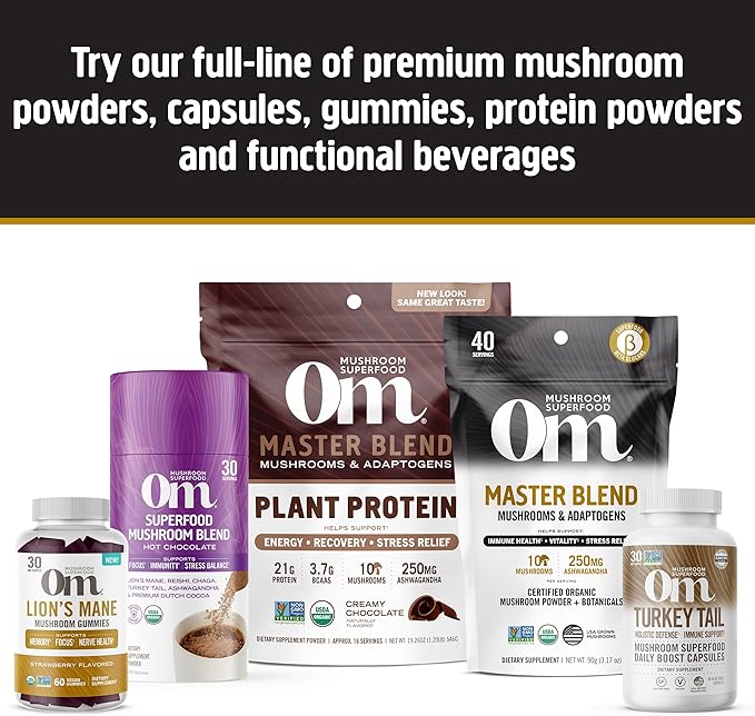 OM MUSHROOM SUPERFOOD Master Blend Mushrooms & Adaptogens, Creamy Vanilla Plant Protein, Single Serve, 10 Count, 10 Mushroom Complex, Lion's Mane, Ashwagandha for Energy, Recovery, Stress Relief