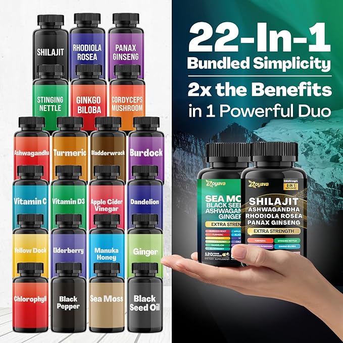 Zoyava Dynamic Vitality Bundle, Sea Moss 7000mg, Black 4000mg, Ashwagandha 2000mg, Ginger 9000mg, Rhodiola 1000mg, Panax (2 Pack)