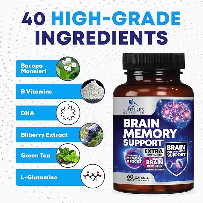 Brain Supplements for Memory and Focus - 40 Nootropics & Vitamins to Support for Alertness, Clarity & Concentration, Brain Health, B6, B12, Phosphatidylserine - 60 Capsules