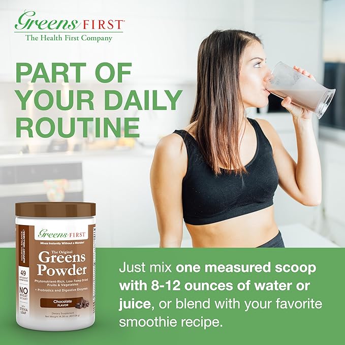 Greens First Original Greens Powder - 49 Superfoods - Organic Fruits & Veggies - Prebiotics, Probiotics, Digestive Enzymes - Antioxidant Smoothie - Dairy Free, Vegan, Non-GMO (Chocolate, 30 Servings)