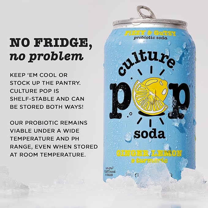Culture Pop Soda, Ginger Lemon & Turmeric, Probiotic Low Sugar Soda, Sparkling Juice Alternative, Non-GMO, Kosher, Gluten-Free, No Stevia (12pk)